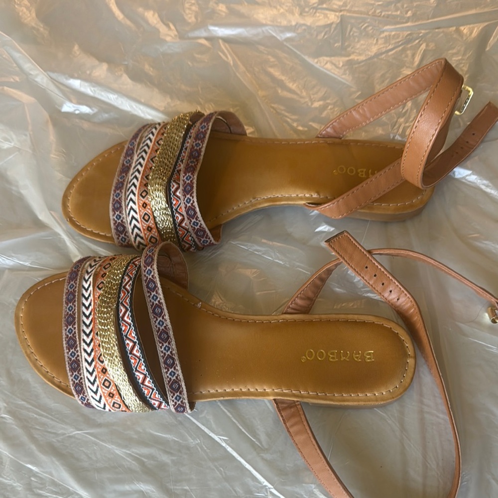 BAMBOO Tan Sandals with Decorative Straps